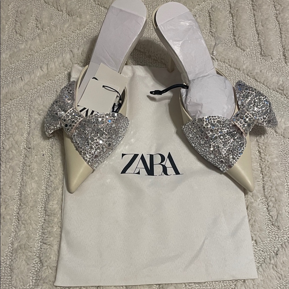 Zara Cream Heels with Silver Sparkle Bow